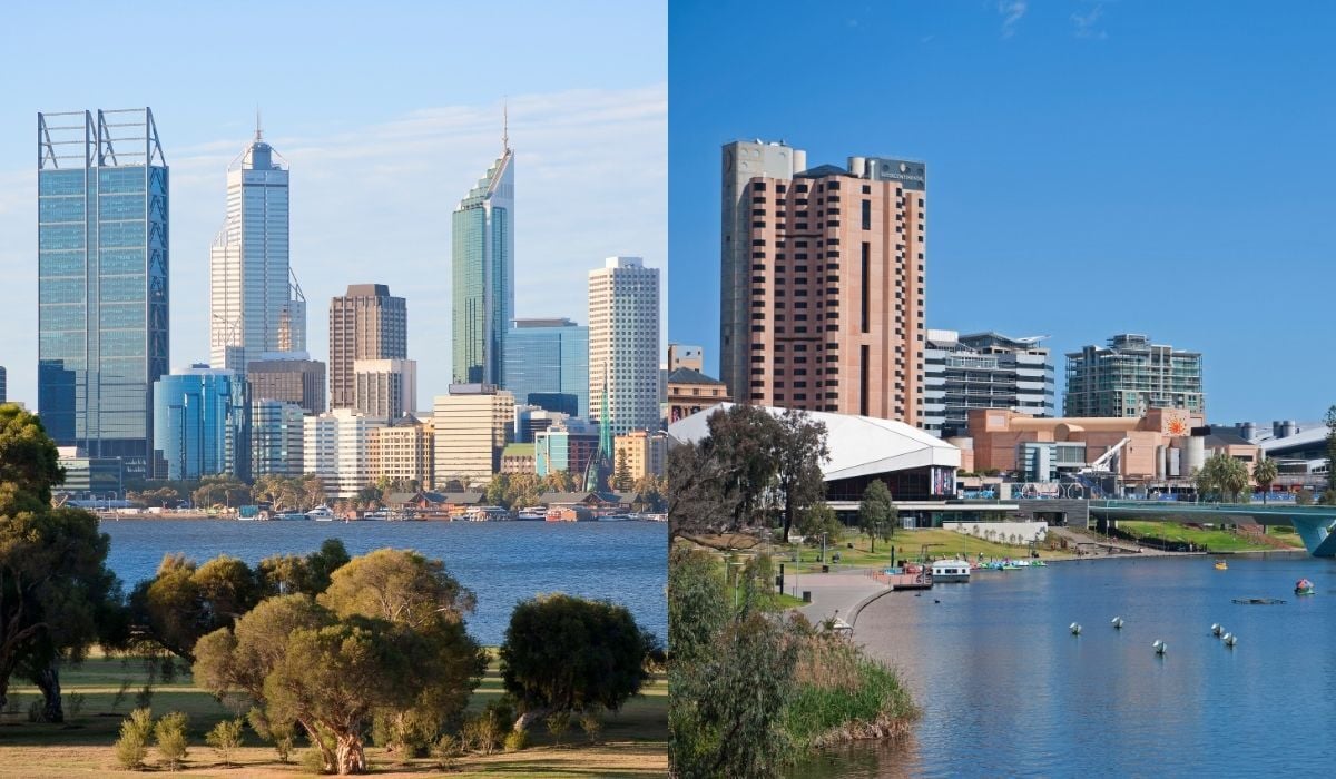 Aerial skyline view of Perth and Adelaide city centres